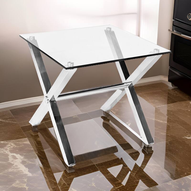Tia 24 Inch Side End Table, Square Tempered Glass Top, X Shape Steel Legs