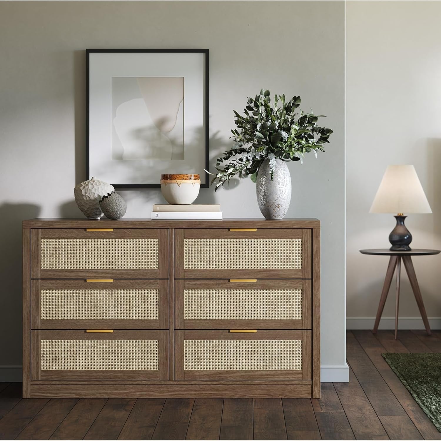 52.7 Inch Wide Rattan Dresser with 6 Drawers, Boho Wooden Chest of Drawers Storage Organizer for Bedroom Living Room