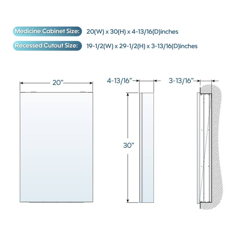 Recessed or Surface Wall Mount Bathroom Medicine Cabinet With Adjustable Glass Shelves