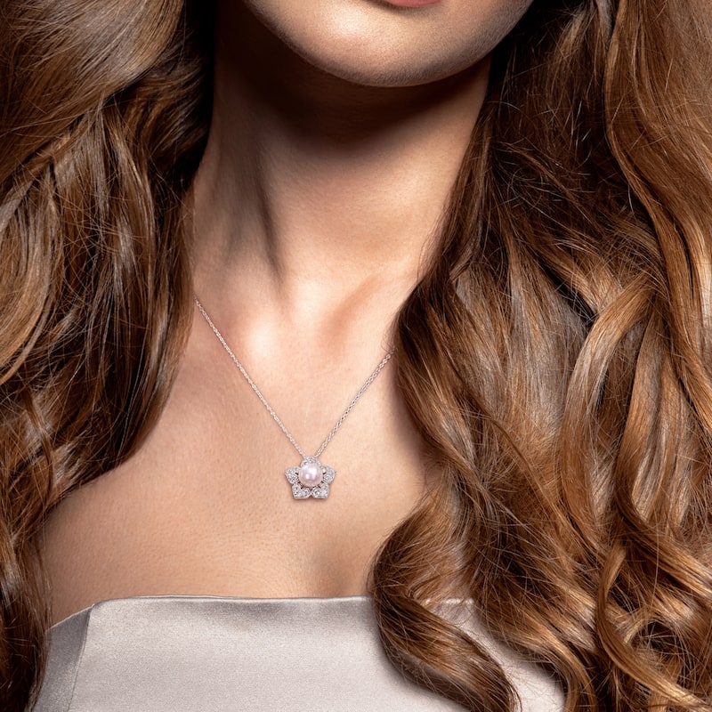 Miadora Cultured FW Pearl and Created White Sapphire Floral Necklace in Sterling Silver (8.5-9mm)
