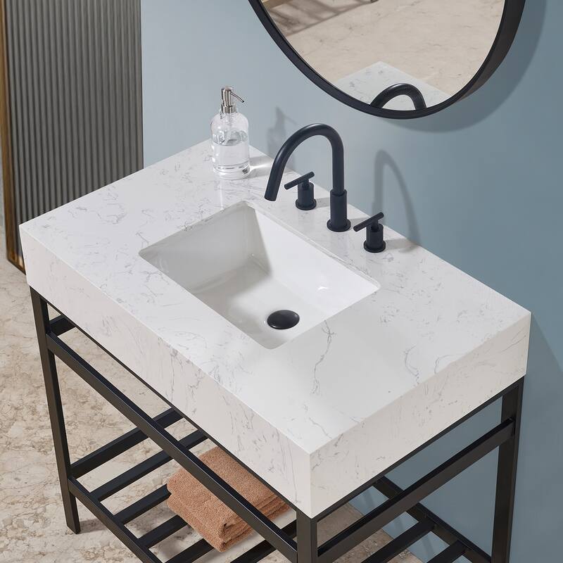 Altair Merano Stainless Steel Vanity Console with Stone Countertop and Mirror
