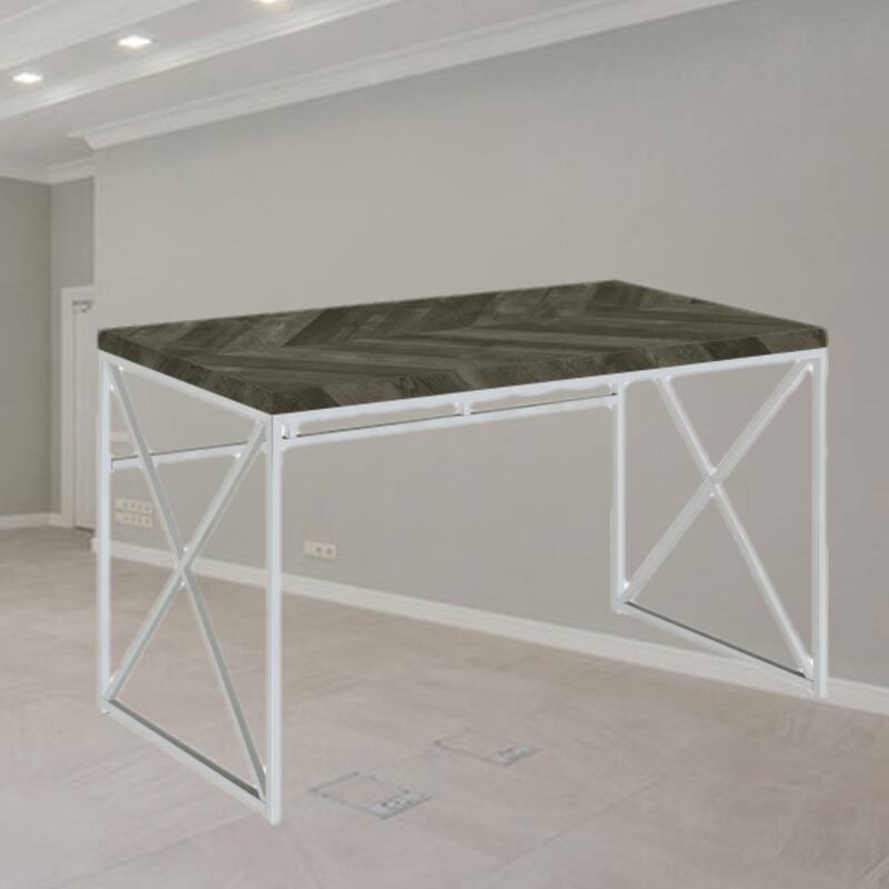Modern Writing Desk with Chrome X-Shaped Metal Base and Rustic Grey Herringbone Finish for Office or Living Room
