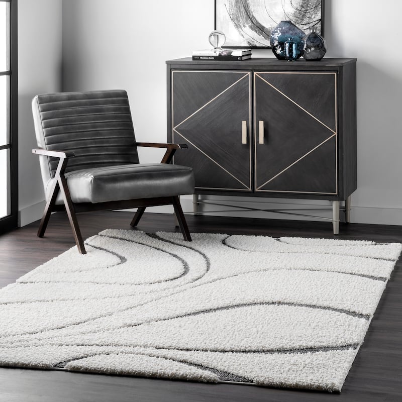 Brooklyn Rug Co Krista Contemporary Swirls Shag Area Rug - 3' 3" x 5' - White/Gray