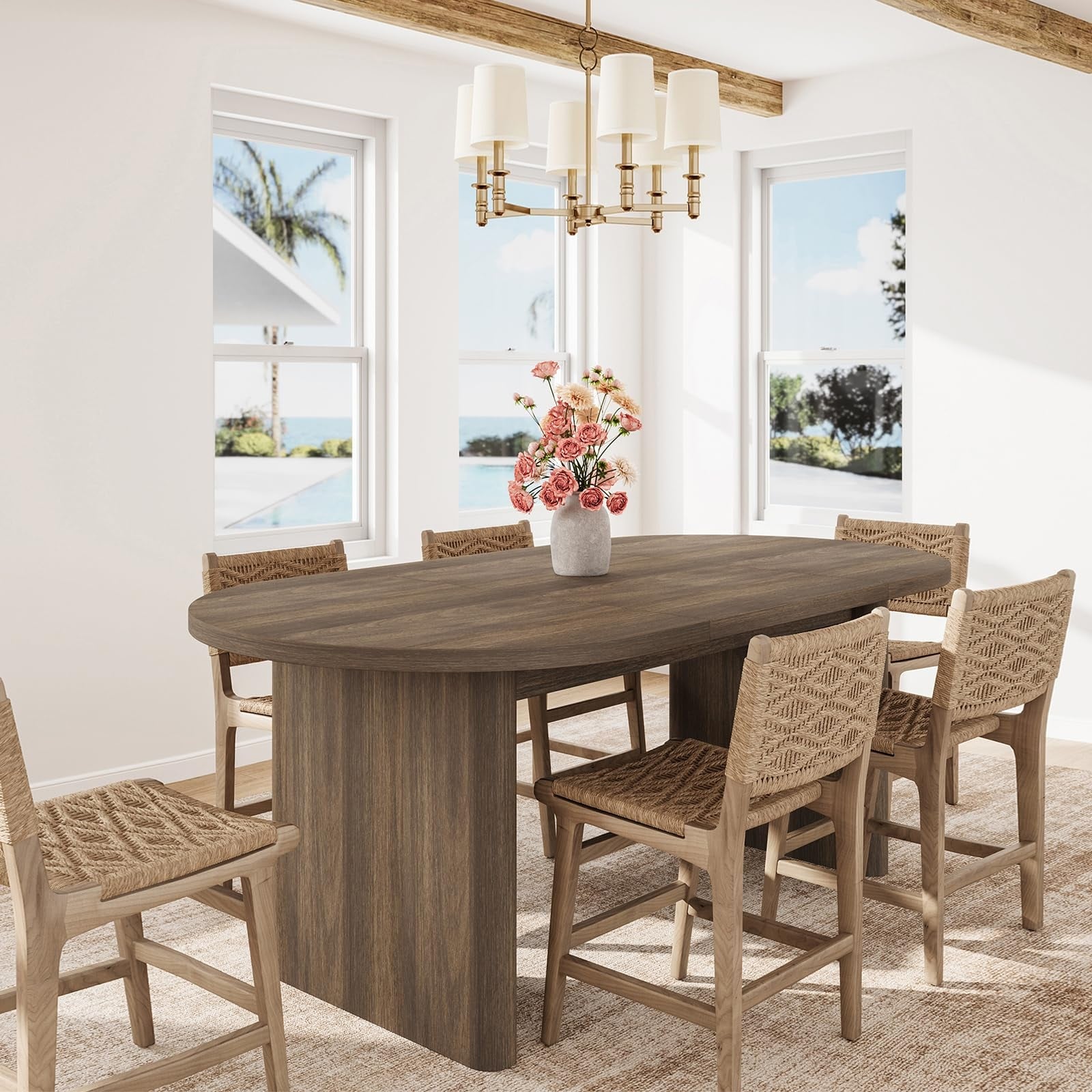 Oval Dining Table for 6-8 People, Long Large Kitchen Table with Thick Sturdy Wooden Base, Farmhouse Dining Room Table