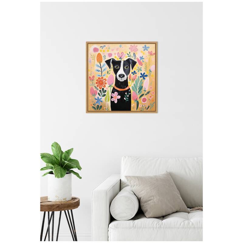Kate and Laurel Sylvie Black and White Dog Botantical Yellow Framed Canvas by The Creative Bunch Studio