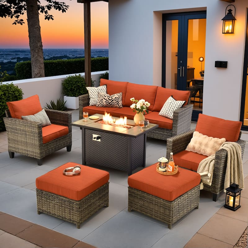 OVIOS 6 Pieces Patio Furniture Set with Fire Pit - Orange/Red