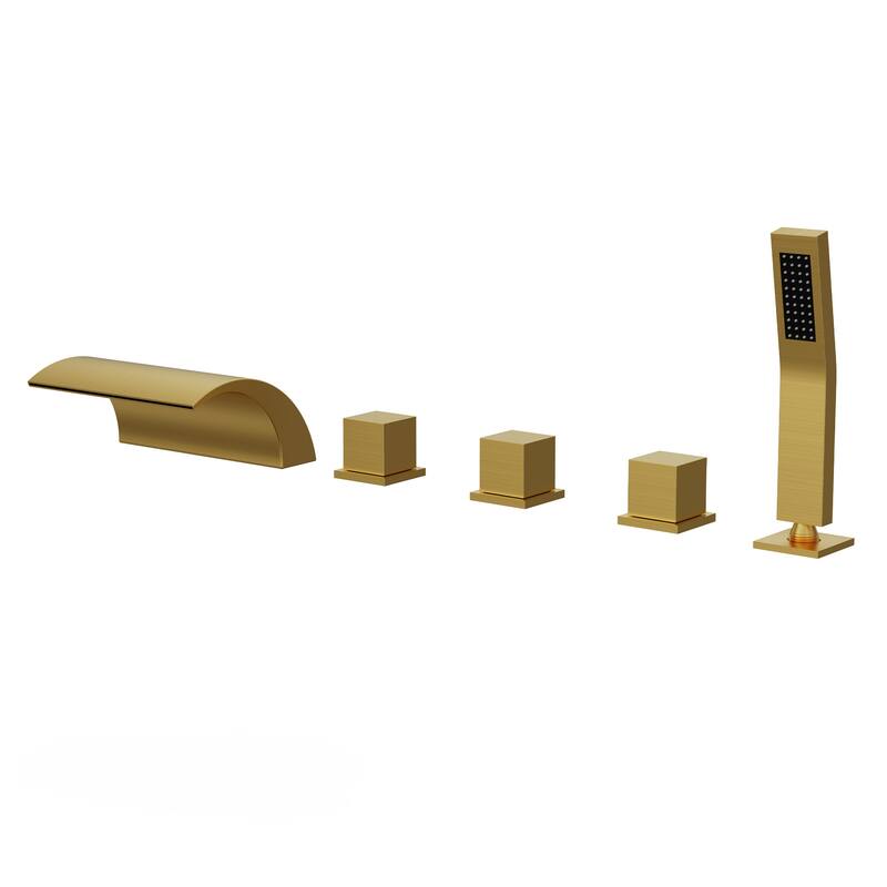 5-Hole 3-Handle Deck-Mount Waterfall Tub Faucet with Hand Shower,Waterfall Spout Bathtub Faucet - Yellow