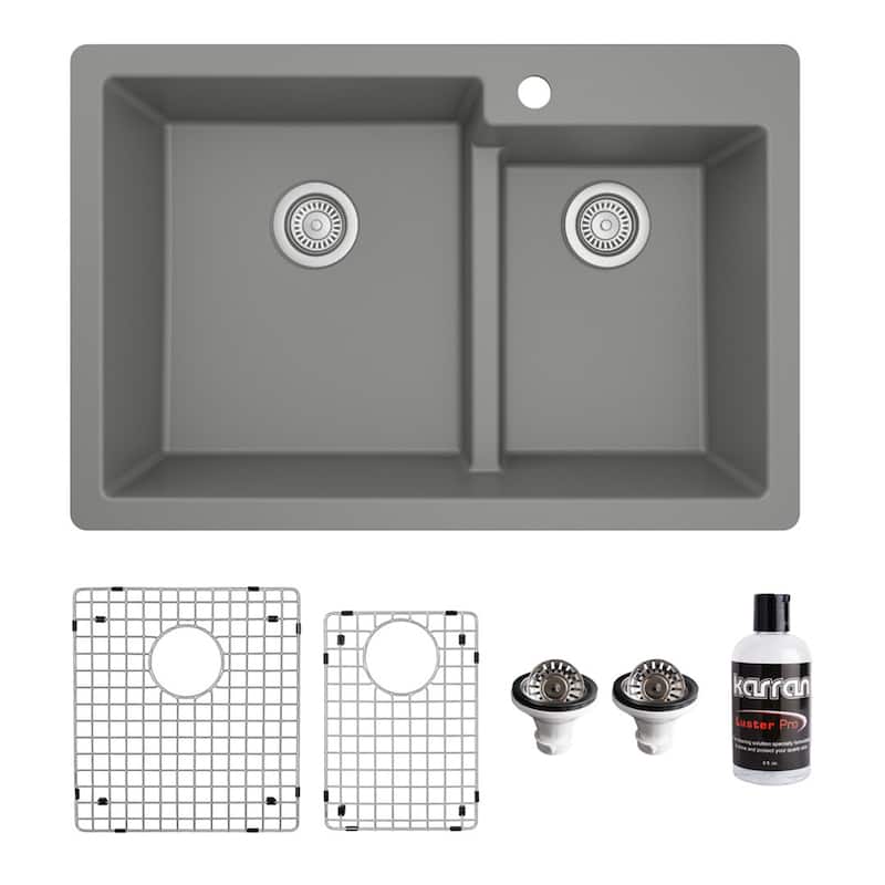 Karran 33" Top Mount Large/Small Bowl Quartz Kitchen Sink Kit - 33" x 22" x 9"