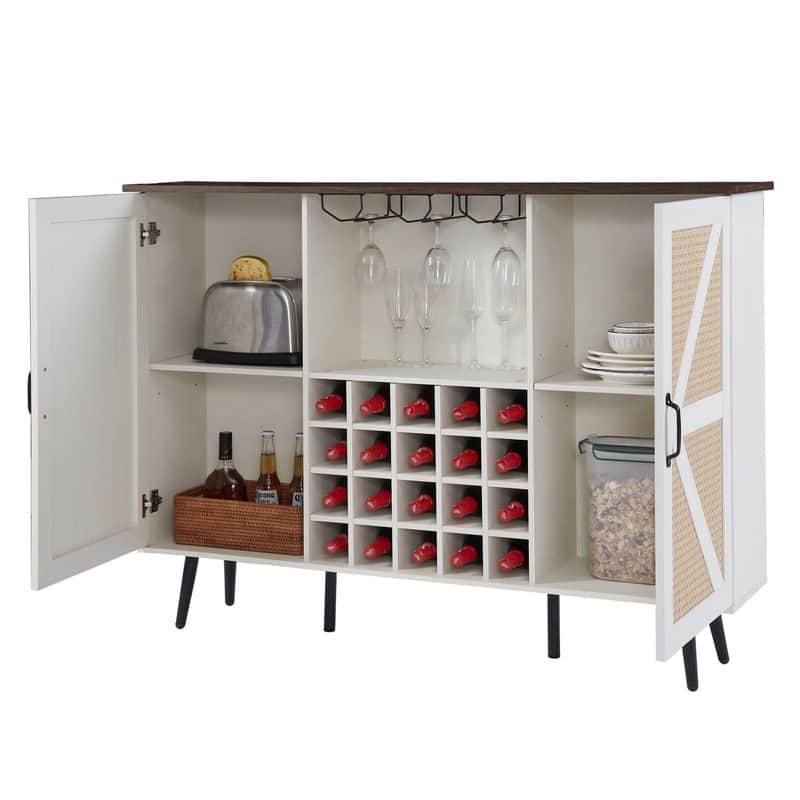 Faux Rattan Barn Door Wine Cabinet with Glass Rack and Removable Shelves