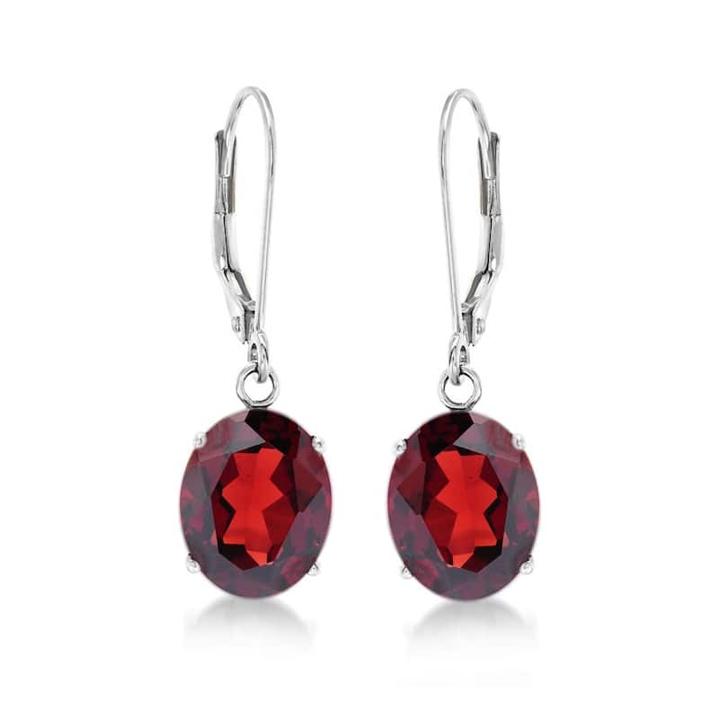 Sterling Silver 10x8 Oval Genuine Birthstone Leverback Dangle Earrings - Red - Garnet