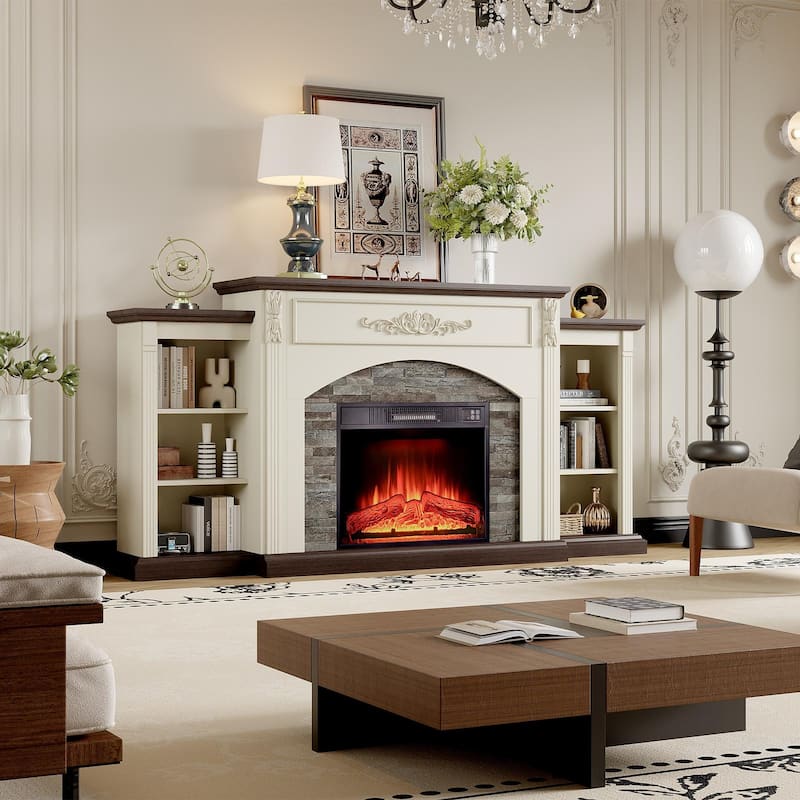 Classic 72 inch Electric Fireplace with Mantel White TV Stand Entertainment Center with Storage