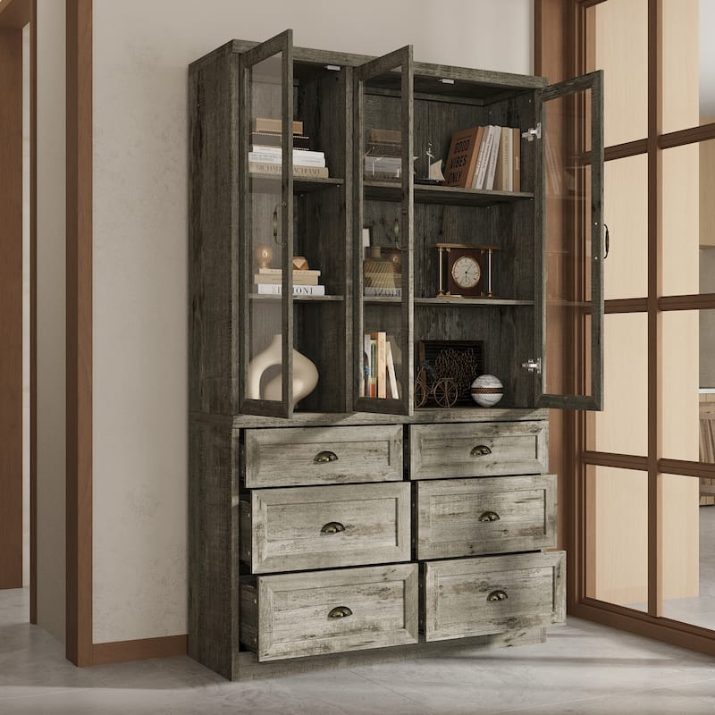 Buffet Cabinet with Glass Doors and Drawers Display Hutch Bookshevles Bookcase