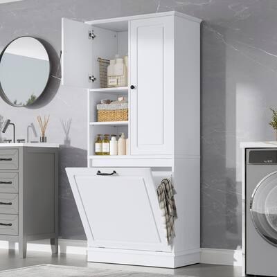 Tall Storage Cabinet with Adjustable Shelves, Large Flip-Out Basket & Enclosed Cabinets