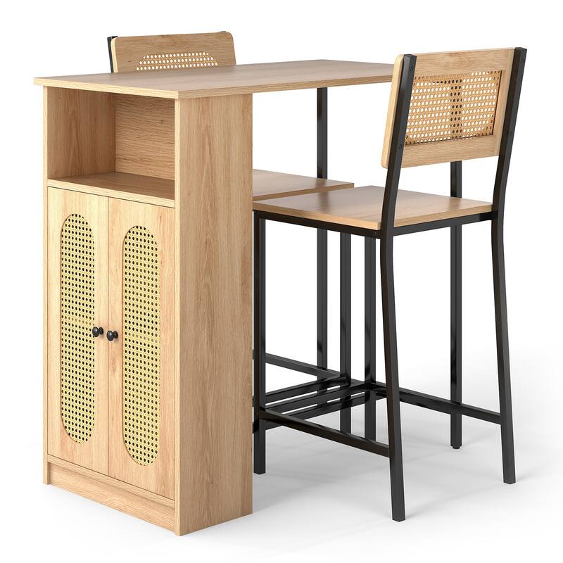 Gymax 3 PCS Bar Table and Chairs Set w/ 2 Bar Stools & Storage Shelves