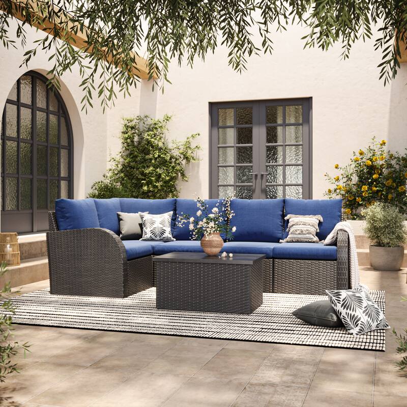 Brisbane Outdoor Wicker Sectional Set, 6pc - Black/Blue