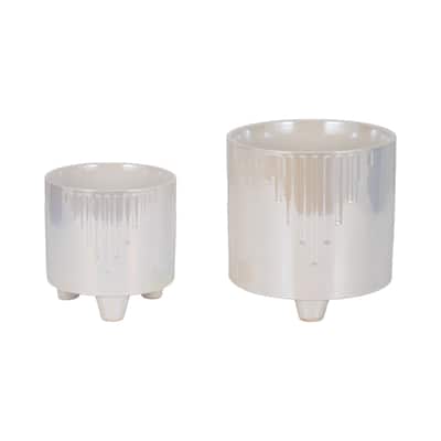 Sagebrook Home's Ceramic Iridescent Line Footed Planters, Ivory, Set of 2 - 8" x 8" x 8"
