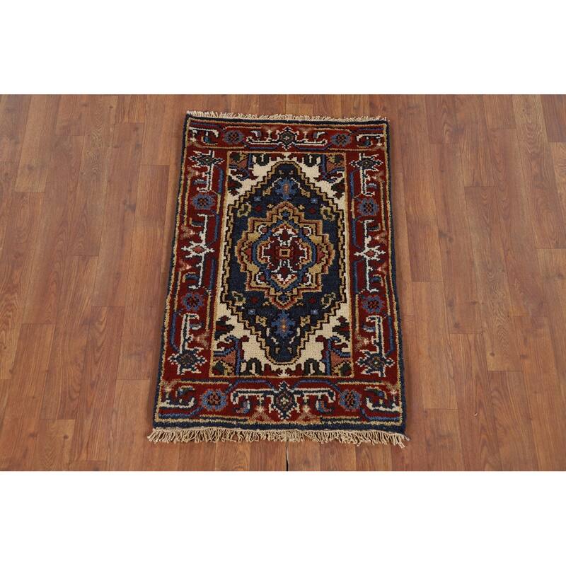 Traditional Heriz Serapi Accent Rug Hand-Knotted Blue Wool Carpet - 2'0" x 3'0"