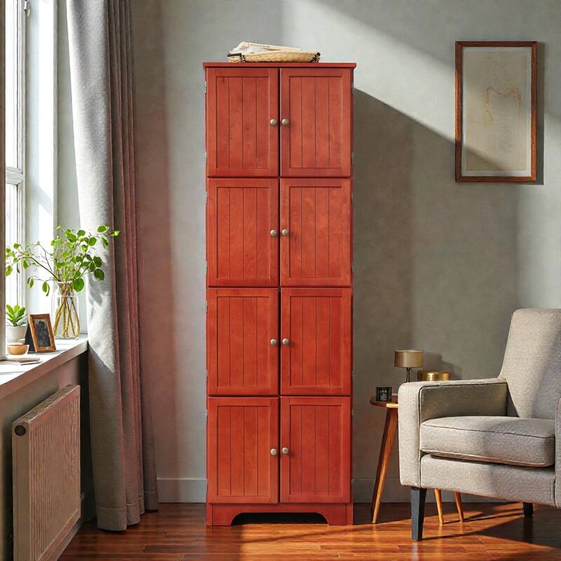 72.4 in Tall Storage Cabinet with 8 Doors and 4 Shelves, Freestanding Bookshelf Pantry Cabinet for Living Room - Cherry