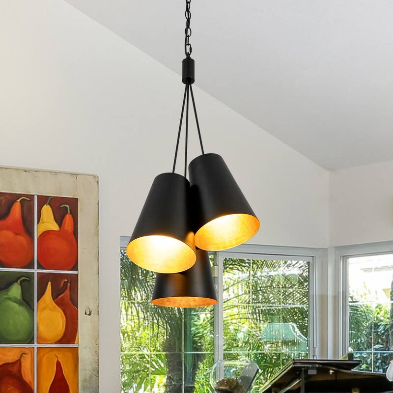 Scandinavian 3-Light Cluster Iron Cone Shade Pendant Chandelier - Black