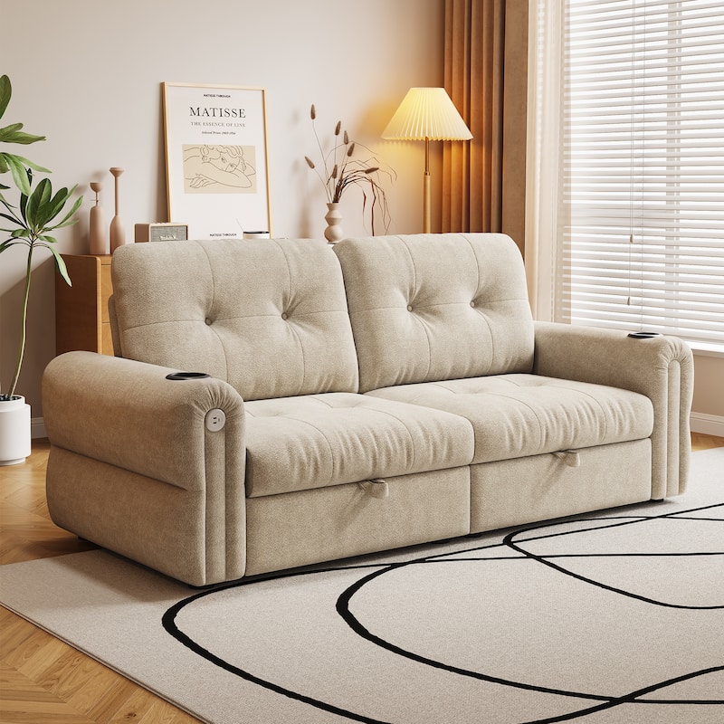 GDFStudio - Chenille Convertible 2-Seater 74" Sofa Bed - LIGHT GREY