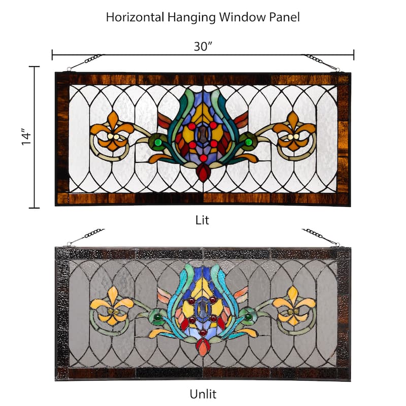 River of Goods Fleur De Lis Stained Glass Pub Window Panel - 30"L x 0.25"W x 14"H