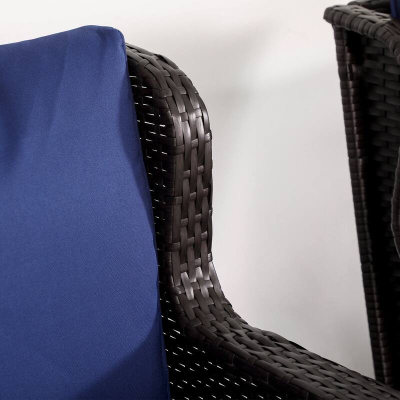Brown Rattan Outdoor Rocking Chair with Dark Blue Cushions Steel Frame Patio Furniture - 34.25" x 28.25" x 36.5"