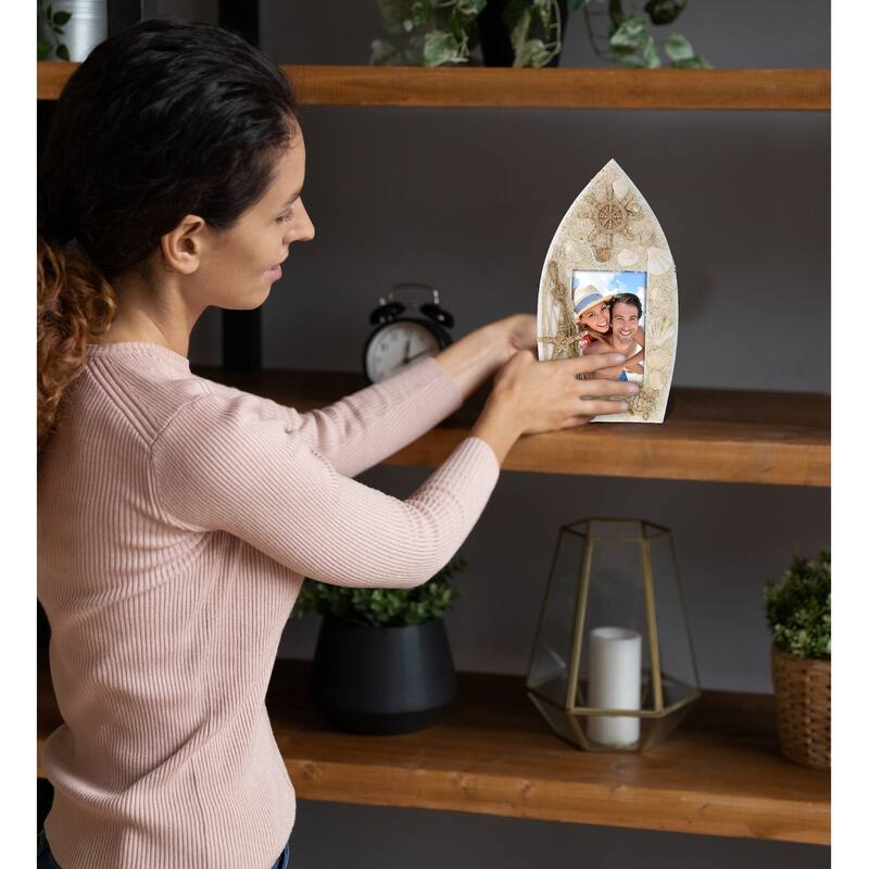 CoTa Global White Wood Seashell Oceanic Sea Turtle Boat 3.5X5 Frame - 9.4 Inches