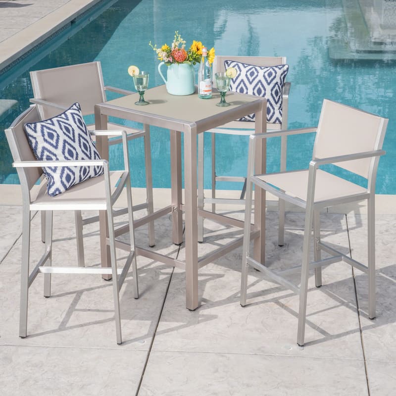 Cape Coral Outdoor 5-piece Aluminum Square Bar Set by Christopher Knight Home - Grey + Grey + Silver Tempered Glass Top Bar Table
