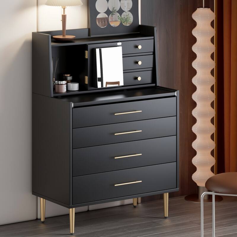 Vanity Makeup Table with Hidden Mirror, Retractable Desk, and Drawers