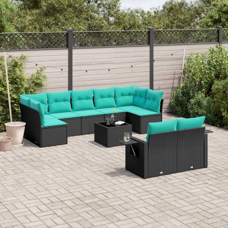 vidaXL Patio Sofa Set with Cushions Outdoor Conversation Furniture Poly Rattan - 24.4 x 24.4 x 27.2 - Black and Blue-With table