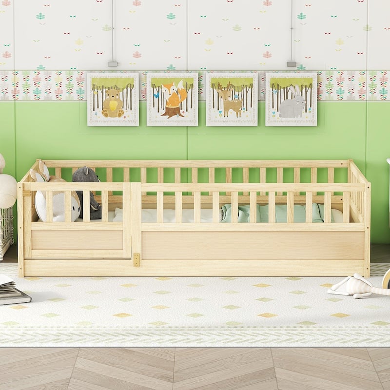 Twin Size Pine Wood Floor Bed with High Security Barrier and Door - Twin - Natural Wood