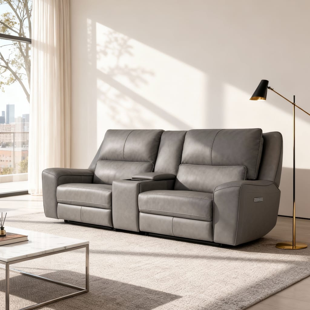 98''W Top Grain Leather Triple-Power Recliner Loveseat Sofa with Power Headrest, Pop-Out Cup Holders