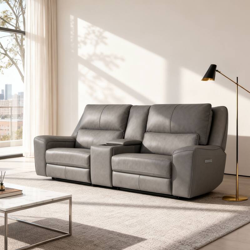 98''W Top Grain Leather Triple-Power Recliner Loveseat Sofa with Power Headrest, Pop-Out Cup Holders - Gray