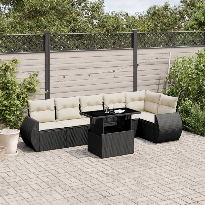 vidaXL Patio Sofa Set with Cushions Outdoor Furniture 7 Piece Poly Rattan - 21.7 x 39.4 x 28.7 - Black and Cream