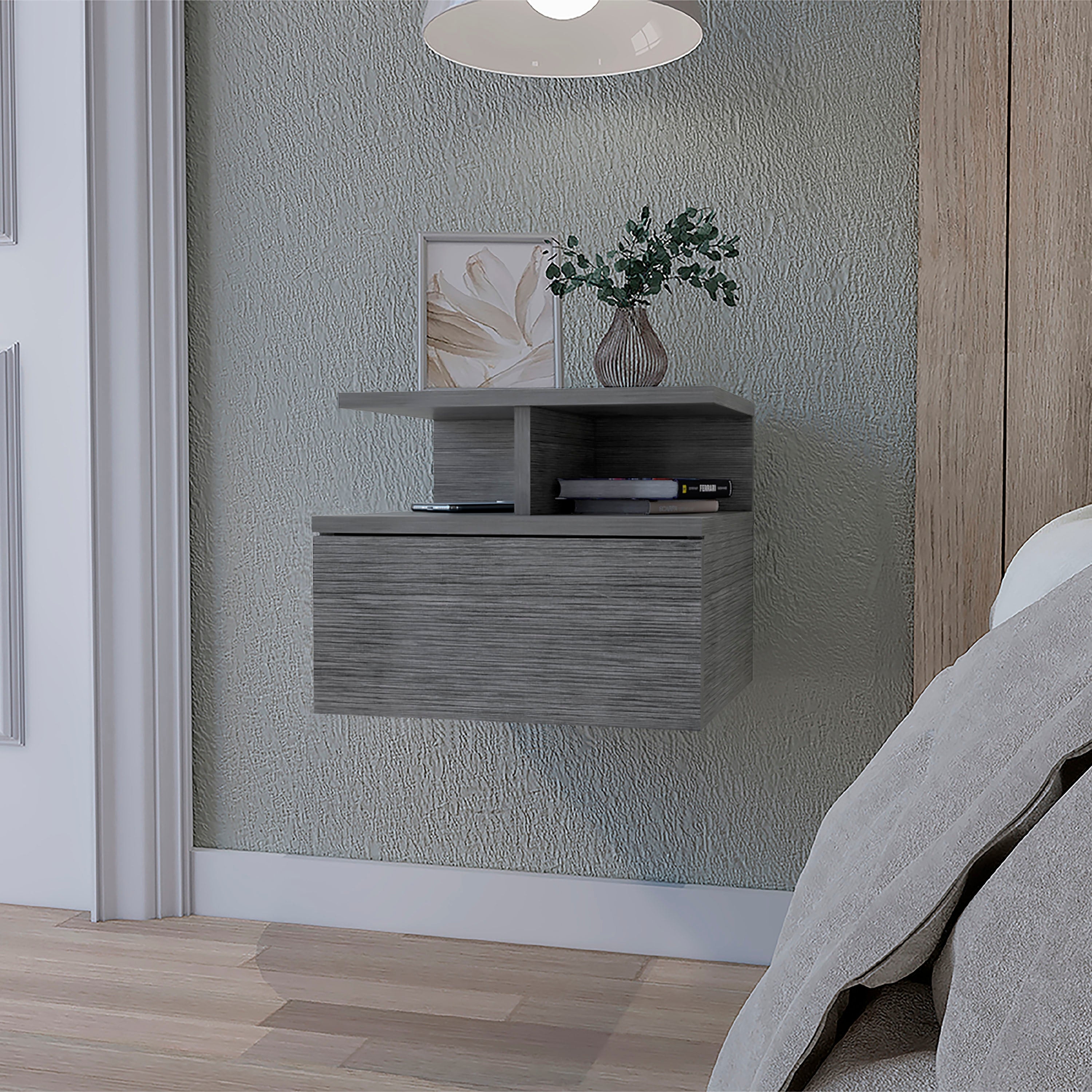 2-Tier Floating Nightstand with Drawer and Shelf - Gray