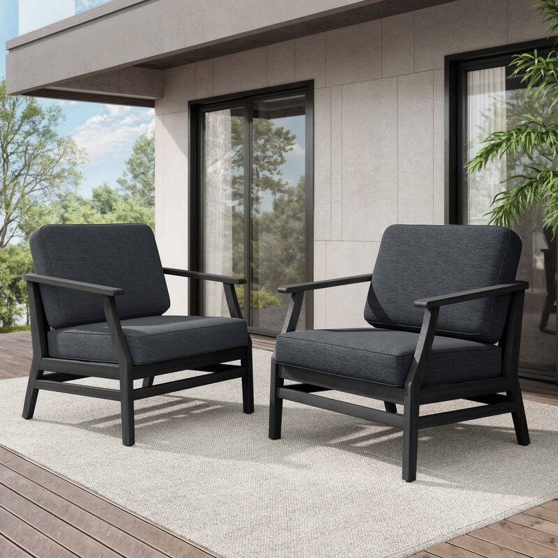 Teak Outdoor Patio Club Chairs Loveseat with Cushions - Black Wood - 2 chairs/Dark Grey