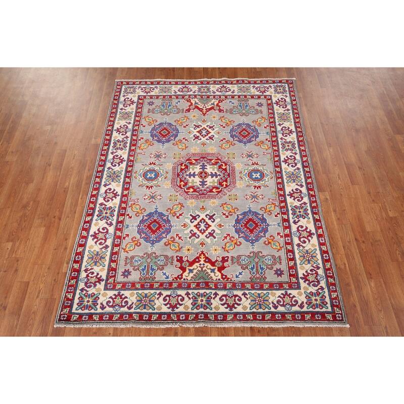 Traditional Grey Kazak Oriental Area Rug Handmade Wool Carpet - 4'11" x 6'8"