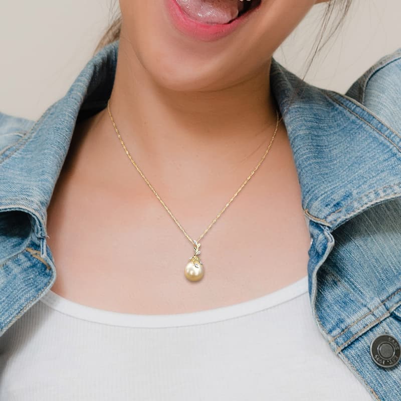 Miadora Golden South Sea Cultured Pearl & Diamond Accent Leaf Pendant in 14k Yellow Gold (12-12.5mm)