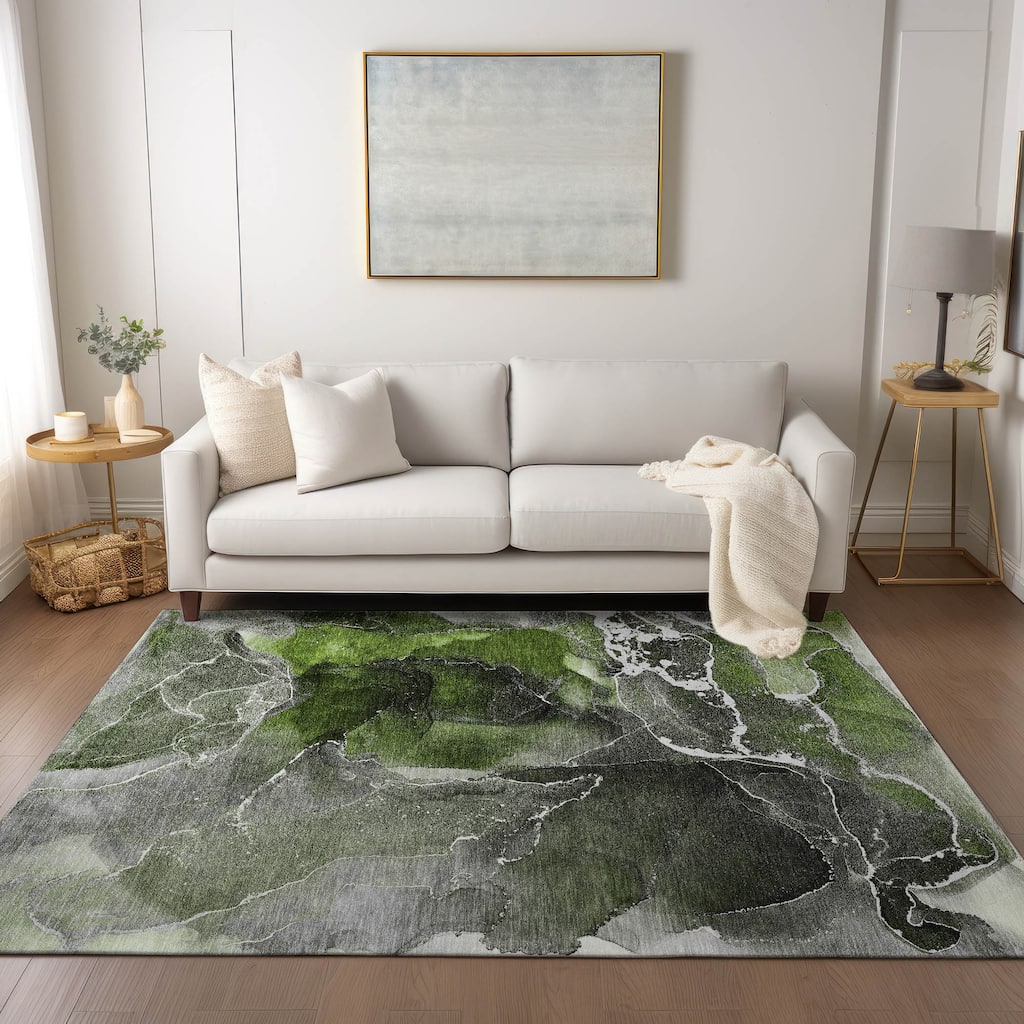 Machine Washable Indoor/ Outdoor Chantille Abstract Green Rug