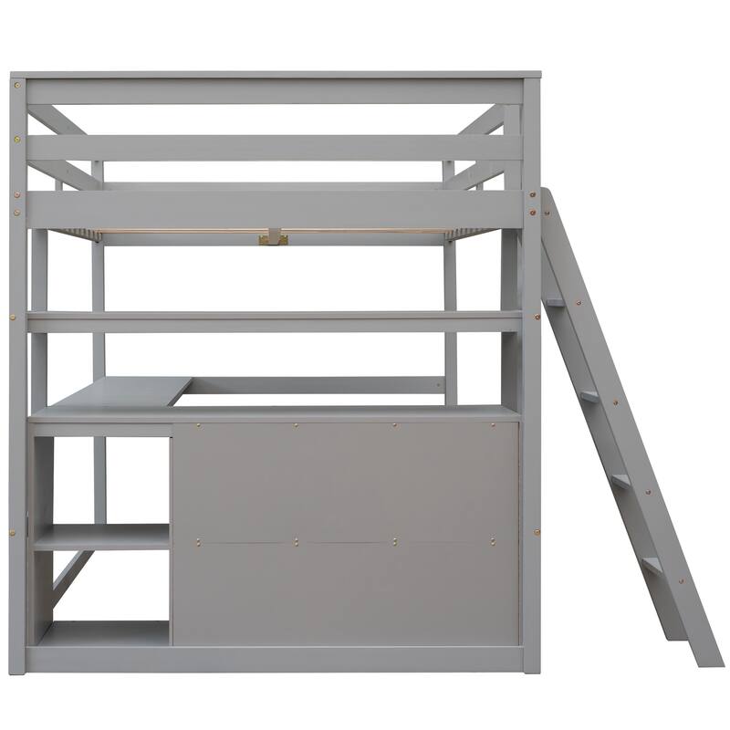 Full Size Loft Bed with Built-in Desk, Shelves & Drawers in Gray