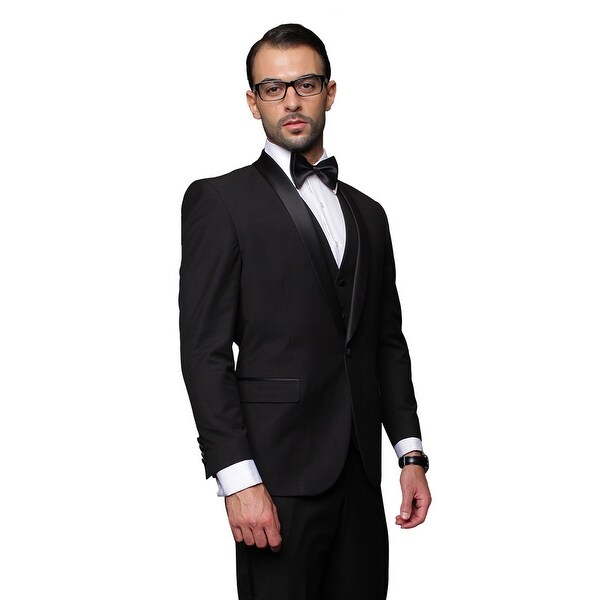 BLACK TUXEDO Men's 3pc Suit, Modern Fit, 1 Button, 2 Side Vent, Flat Front Pants