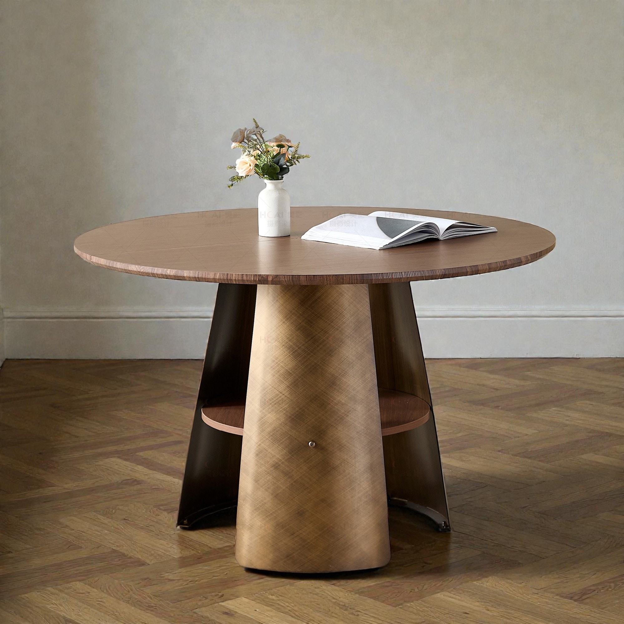 47.25 Inch Round Dining Table with Storage Shelf, Retro Walnut MDF Top and Metal Frame, Seats 4-6