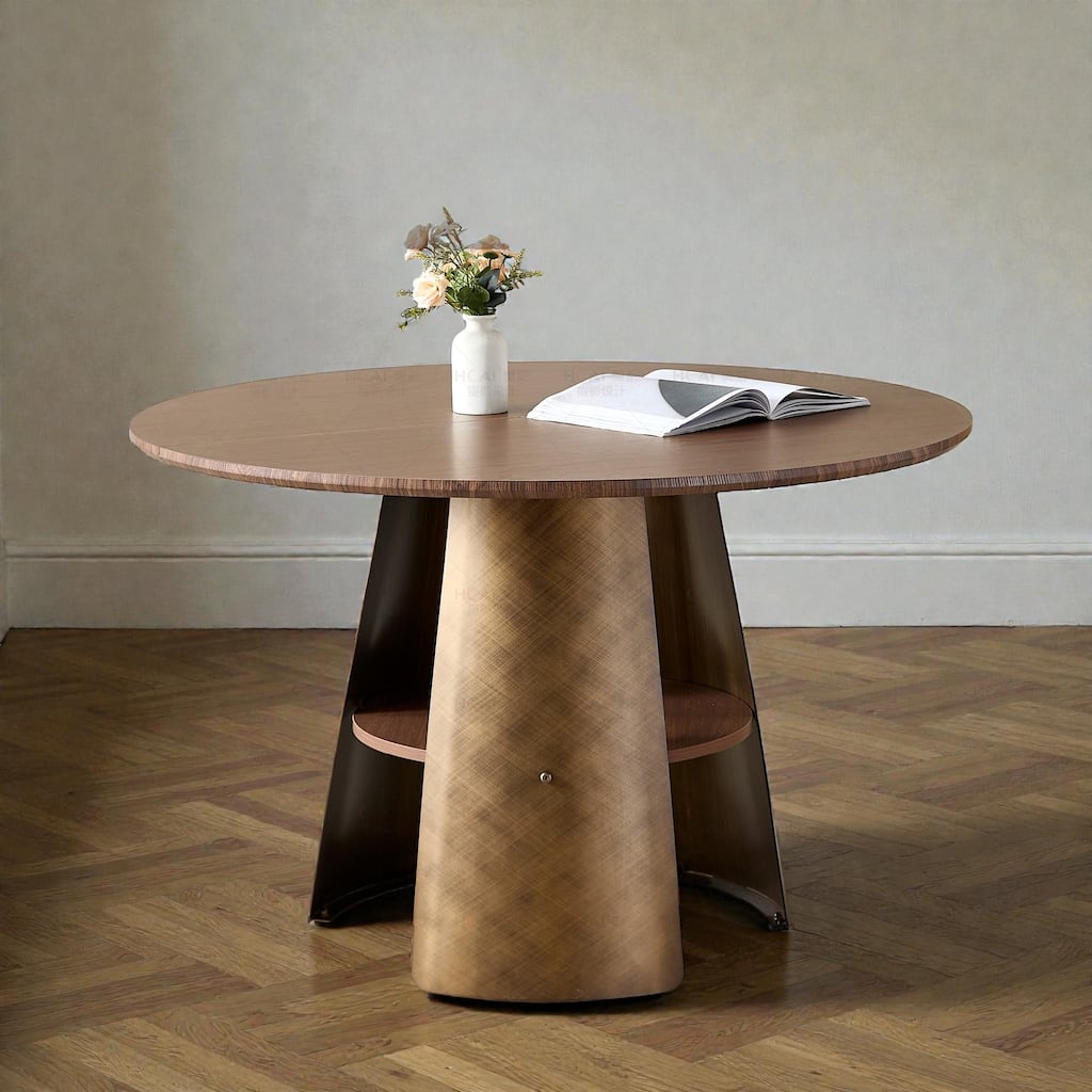 47.25 Inch Round Dining Table with Storage Shelf, Retro Walnut MDF Top and Metal Frame, Seats 4-6