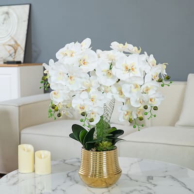 8 Stems Real Touch Artificial Silk Orchids in Gold-Plated Ceramic Pot for Home Office Decoration - 26.77" H x21.26" W x 21.26" D