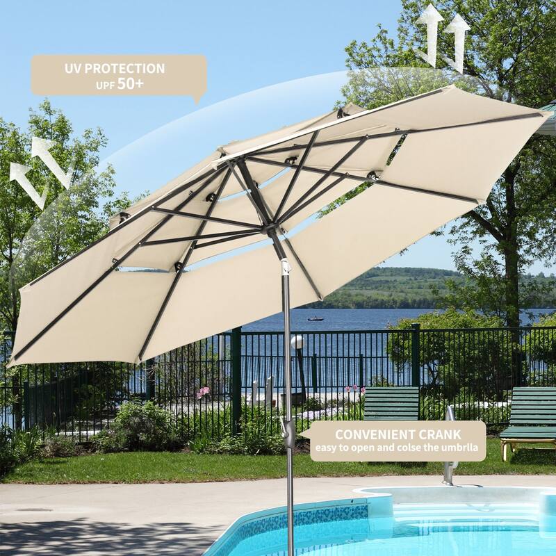 Ainfox 10 ft Patio Umbrella with Base 3 Tiers Outdoor Market Umbrella