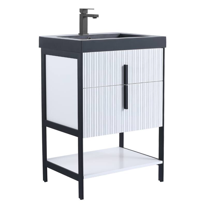 Fine Fixtures Serenity Modern Bathroom Vanity with Black Gel Acrylic Top - White Matte - Black Hardware - 24 inch