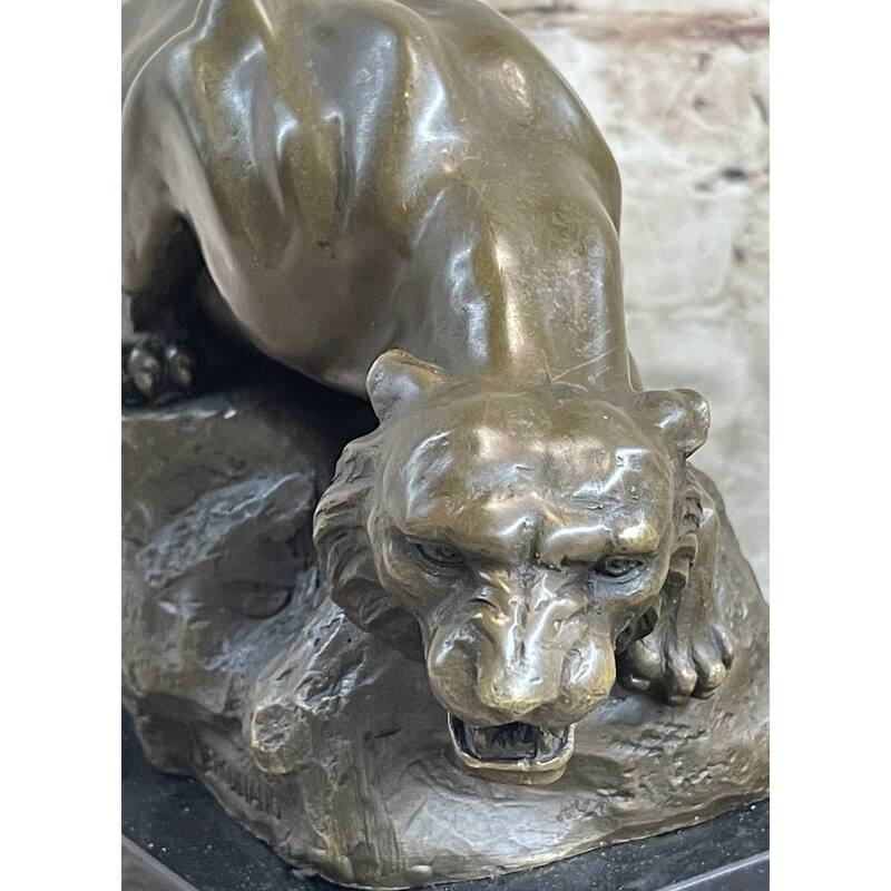 Sabre Tooth Tiger Lion Panther Bronze Sculpture Statue On Marble Base