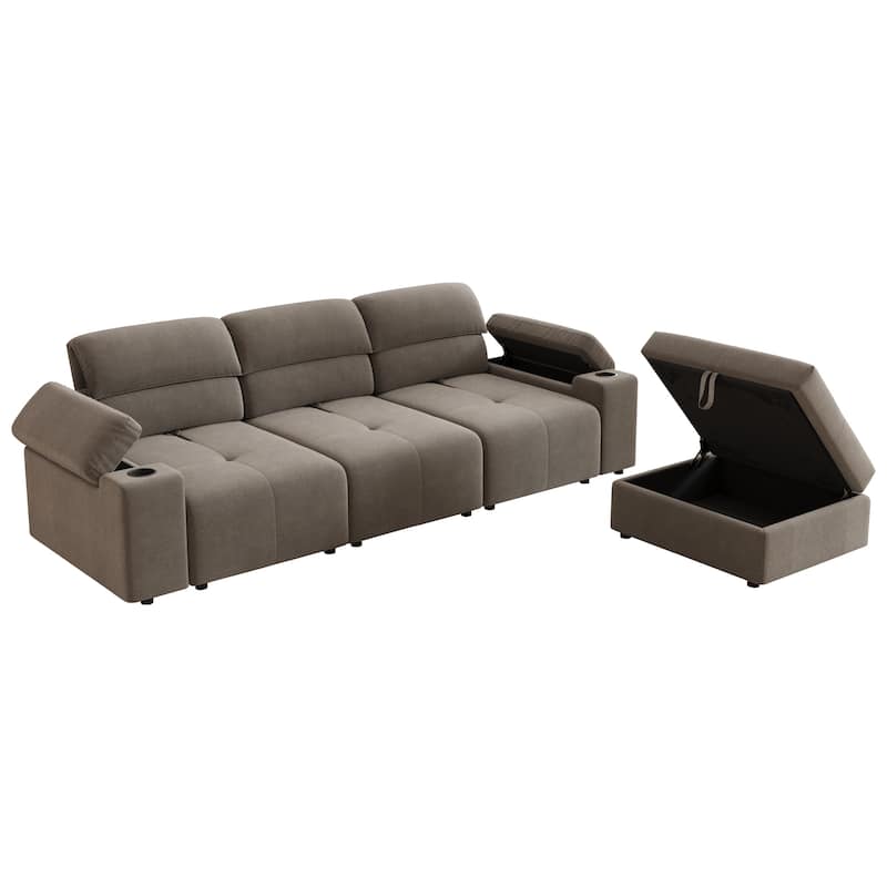 Down Filling Modular Deep Seat Couch L-shaped Sectional Sofa with Adjustable Backrest, Cup Holders, Storage Armrests and Ottoman