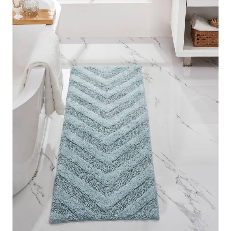 Better Trends Hugo Collection 100% Cotton Tufted Bath Rugs with Chevron Patterns, High Absorbency, Anti-Skid, Easy to Clean - 20" x 60" Runner - Blue