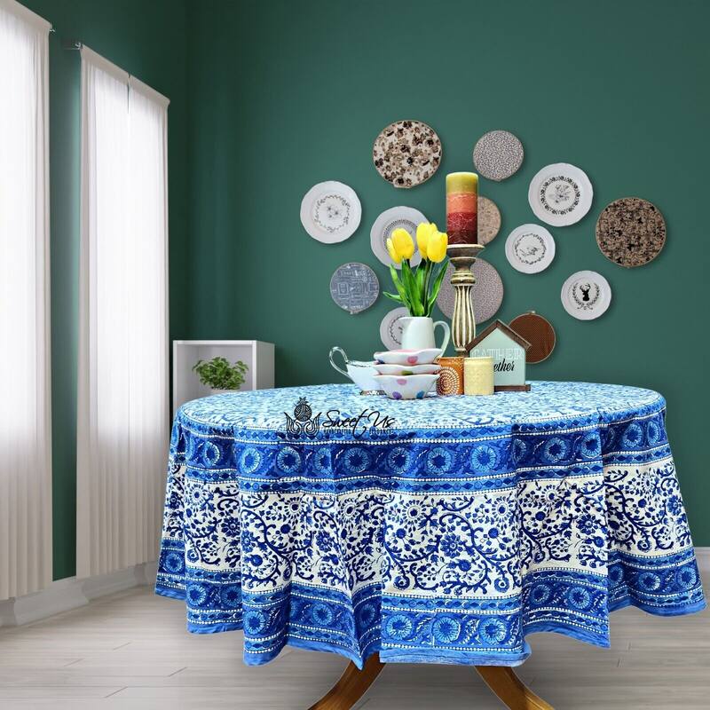 Block Print Cotton Eternal Floral Tablecloth Collection - 72-in Round